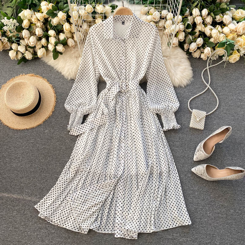 Long Sleeve DOT a-Line Dress - Simple Chiffon Casual Wear Long Sleeve DOT a-Line Dress - Simple Chiffon Casual Wear