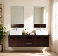 Meuble-lavabo mural moderne marron avec double vasque en céramique, armoire en contreplaqué et miroirs LED