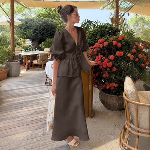 Traje de Falda con Cuello en V y Mangas <span class=keywords><strong>Cortas</strong></span> con Volantes, Nuevo para Verano - Product Image 2