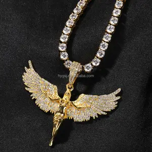 Gioielli Vintage ghiacciati in ottone placcati oro Rapper catena angelo ciondolo collana per uomini e donne ragazze
