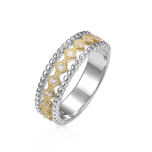 Trio Half Eternity Gouden Belbgold Bicolor CZ 925 Plata de ley <span class=keywords><strong>y</strong></span> anillo con cuentas de filigrana de oro real de 9K - Product Image 1