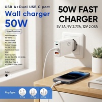 Adaptateur secteur Cantell 50W double Type-C 1 port USB-A, chargeur mural EU US UK, 25W PD, 25W QC3.0, adaptateur Type C, chargeur GaN 50W