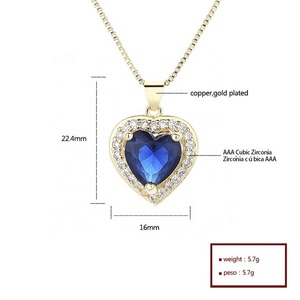 Collier pendentif cœur bleu en laiton plaqué or 18 carats pour femme, incrusté de zircone cubique, chaîne à maillons, pour mariage, fête, usage quotidien, mode - Product Image 6