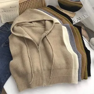 2024 Spring Autumn Women's Casual V-Neck Sweater Vest Solid Color Zipper Hooded <strong>Waistcoat</strong> Knitted Sleeveless Tops Loose Vintage - Product Image 6