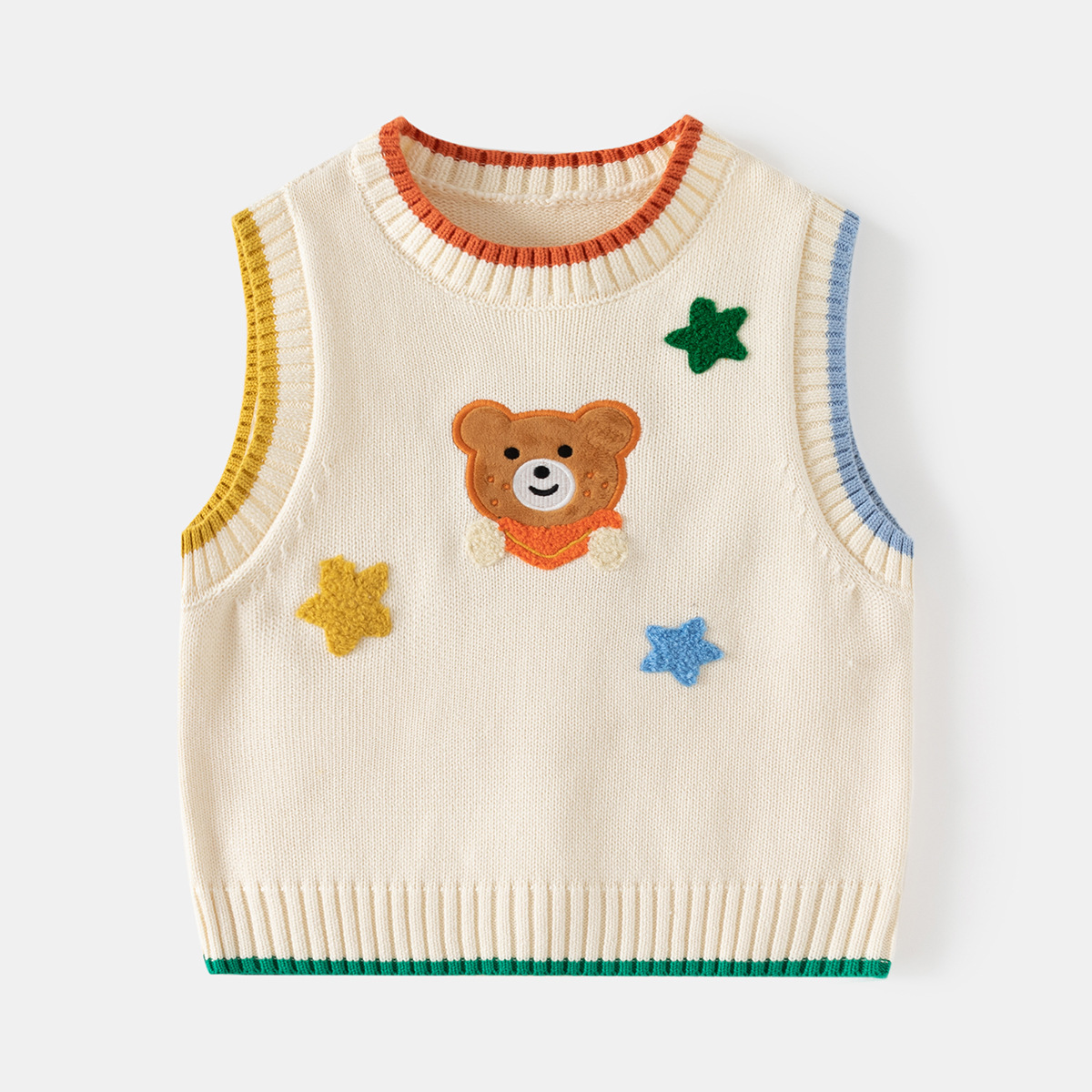 2024 New Trendy Boys' Knitted Vest Cartoon Bear Pullover Top Children's Sleeveless Sweater Waistcoat Wholesale Baby Top