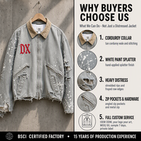 Veste Detroit en denim gris délavé personnalisée 420 g/m² avec détails de vieillissement prononcé et col en velours côtelé à éclaboussures blanches, style streetwear OEM ODM