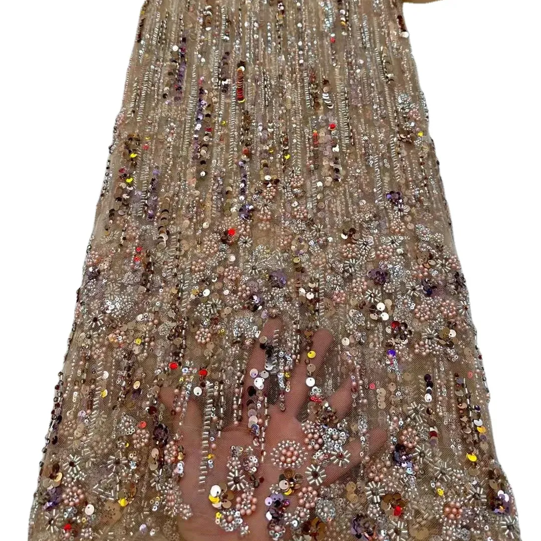 女性のための高級スパンコール花レース生地ビーズのウェディングドレス刺Embroideryレース生地
