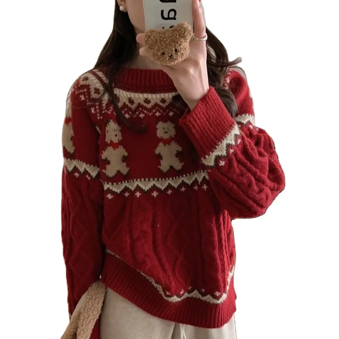Новый для осени/зимы 2024 дизайн ретро Трикотаж женский свободный плотный теплый Рождественский свитер