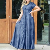 Gaun Denim Wanita Kerah Lapel Kancing Satu Baris Lengan Pendek Maxi A-line Kasual Lembut Gaun Jeans Musim Panas