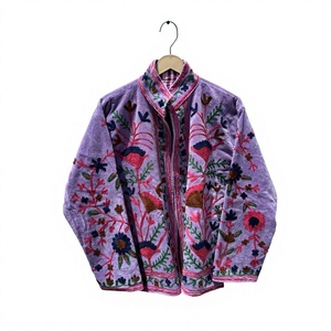 Purple Velvet Embroidered Jacket Mandarin Collar Full Sleeve Floral Design <b>Women's</b> <b>Coat</b> <b>Spring</b> Style Hand Embroidery - Product Image 1