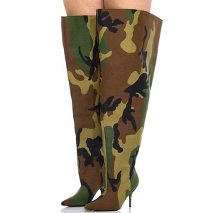 Light Denim Super Wide Top Women Over Knee High Boots Pointed Toe Shoes <b>Long</b> Booties Stilettos Camouflage High Heels Footwear - Product Image 1