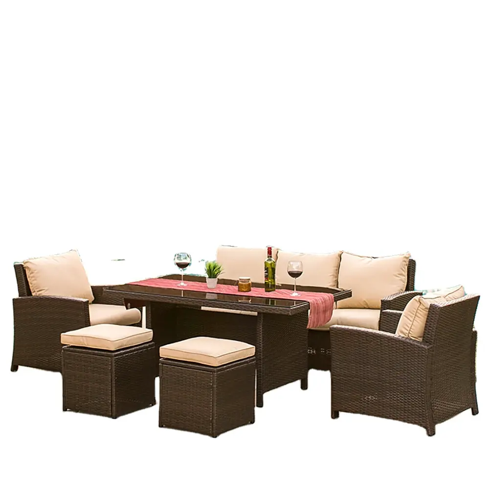 Set di mobili da giardino in vimini Set di divani componibili da esterno in Rattan PE con cuscini Beige e tavolo da pranzo