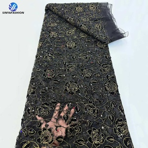 Tela de encaje de terciopelo de lujo Sinya <span class=keywords><strong>con</strong></span> brillos, 5 yardas, lentejuelas populares, encaje de red francés, telas bordadas para vestido de noche de boda - Product Image 4