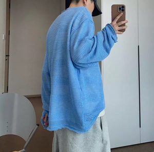 เสื้อยืดผู้ชายแขนยาวคอกลมแต่งชายครุยสีฟ้าอ่อนสไตล์ญี่ปุ่นแบบสบายๆ น้ำหนักเบา ระบายอากาศได้ดี - Product Image 3