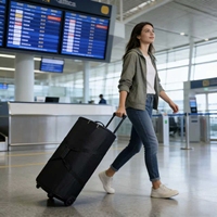 Valise de rangement à roulettes en tissu pour présentoirs pliables, légère, durable et facile à transporter pour les salons professionnels et les événements.