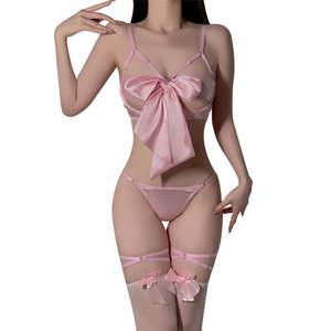 Симпатичная Ночная одежда для девочек из 3 предметов, атласное розовое сексуальное нижнее белье, Комплект аниме, пижама для секса - Product Image 1