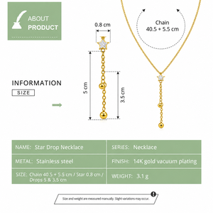 สร้อยคอรูปดาว สแตนเลสสตีล ชุบทอง 14K แบบสุญญากาศ ดาวใส สองสายโซ่ พู่ห้อย เครื่องประดับ สีทอง สีเงิน - Product Image 2