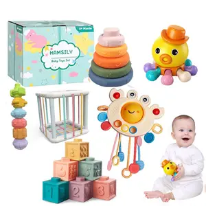 Soft Stacking Building 3d Rubber Block Rings Pull String Block Baby Teething Toy Silicone Sensory Toys Set