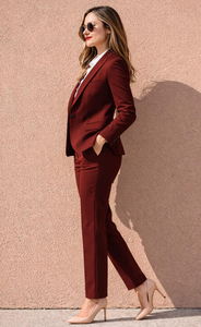 Women’s Elegant Burgundy Wine Red Suit <b>Set</b> Tailored Structured <b>Blazer</b> with Matching Slim Fit Pants Chic Formal Business Outfits - Product Image 3