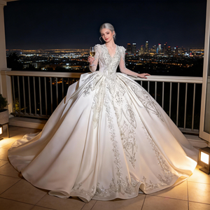 베스트셀러 고급스러운 레트로 스타일 웨딩드레스, 화려한 레이스 새틴 플로잉 캐시드럴 스타일 스커트 - Product Image 2