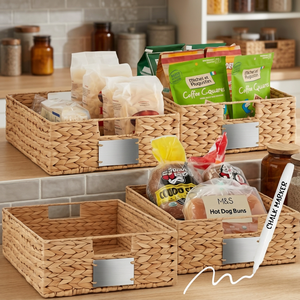 Paniers de rangement rectangulaires en jacinthe d'eau tressée, conteneurs alimentaires de cuisine, style rustique fait main, porte-étiquettes en aluminium, lot de 4 - Product Image 2