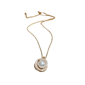 Pearl Necklace AAA Grade Gold Chain Circle Pendant Bezel Setting Gift for Women - Product Image 5