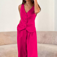 Veste élégante sans manches à col en V de couleur unie Ensemble tendance Pantalon long Lâche Taille haute Haut de tailleur Bouton vente en gros Été décontracté Femmes