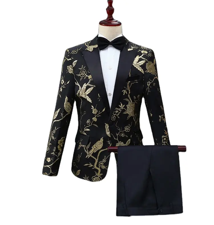 सोने के फूल पक्षी कढ़ाई पोशाक सूट पुरुषों स्लिम फिट एक बटन के साथ Mens सूट पैंट स्टेज प्रोम शादी Grooms कॉस्टयूम homme