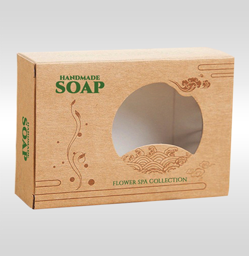 Custom Design Full Color Brown Kraft Paper Small Handmade Soap Packaging Paper Box Clear Window Hole Embossing Recyclable Self