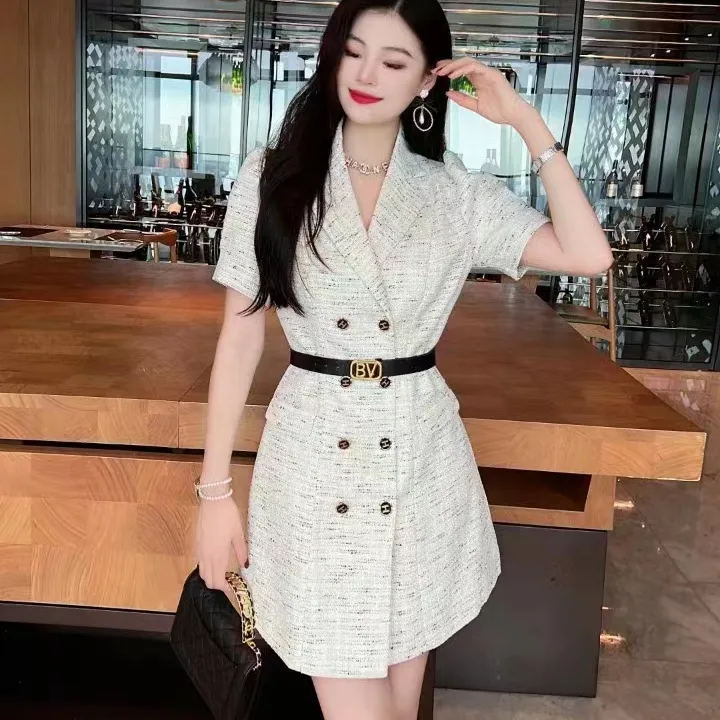 Trend Lady Fashion Vintage Elegant Winter Luxury Long Sleeve V Neck Plaid White Blazer Mini Clothes Dress For Women