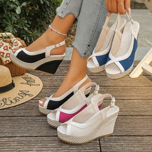 Sandales compensées Xuanhui pour femmes, à bout ouvert, plateforme, chaussures d'été décontractées à bride arrière, en toile patchwork, talons tendance, sandales de plage - Product Image 2
