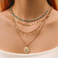 En gros, Ensemble de colliers vintage à sequins, avec chaîne perlée turquoise, pendentif breloque en cristal à pompon, pour femmes et filles, pierre principale Zircon