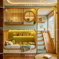Lit pour enfants minimaliste sur le thème de la forêt verte pour garçons, lit superposé multifonctionnel avec glissière, escalier, rangement, bois massif