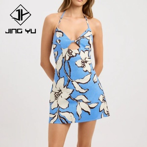 Fabricant de robes mini en lin 100% respirant, à découpes, polyvalentes, à imprimé floral polynésien, sur mesure - Product Image 1