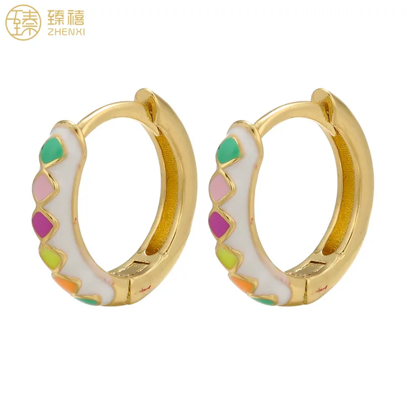 Zhenxi ต่างหูห่วงทองเหลือง18K สีทองเคลือบสีสันสดใสสุดหรูสำหรับสตรีใส่ประจำวัน
