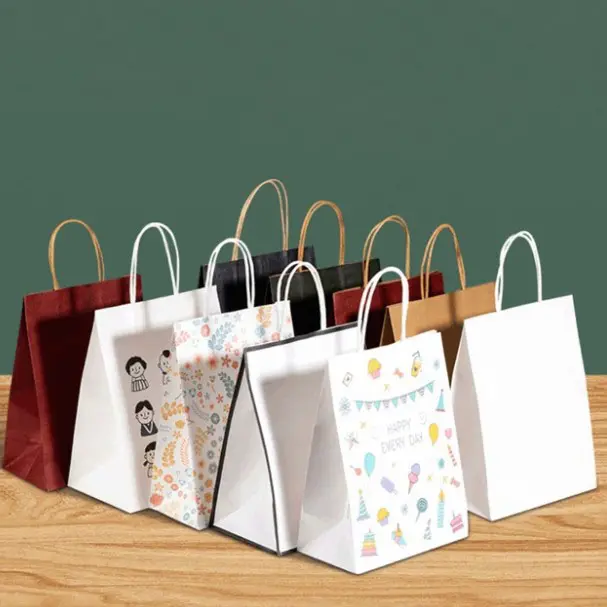 Custom Logo White Brown Kraft Gift Shopping Paper Bag with handle