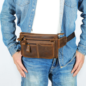 Sac banane pour homme en cuir véritable de qualité supérieure, sac banane rétro en cuir de vachette pleine fleur, sac de poitrine tactique multi-poches pour l'extérieur - Product Image 5