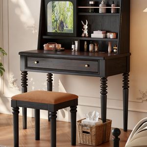 French Retro Dressing Table Black Solid Wood Flip Top Mirror Makeup Vanity Bedroom Furniture With <b>Stool</b> - Product Image 2