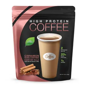 Café de alta proteína vegan, mocha, cinnamão, caramel, chocolate e sabor de baunilha