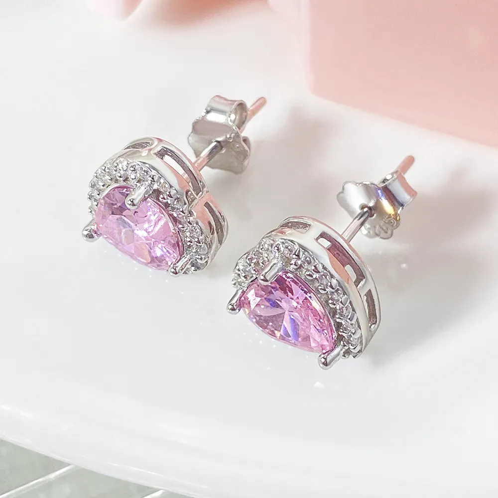 925 silver jewelry pink color cubic zirconia stud earrings women fashion S925 silver stud earrings for girls
