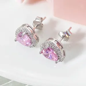 Gioielli in argento 925 di colore rosa con orecchini di zirconi da donna alla moda S925 orecchini a lobo in argento per ragazze