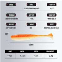 Kit de 76 leurres souples de pêche à queue de pagaie, leurres coulants à tête plombée barbelée, boîte de matériel de pêche