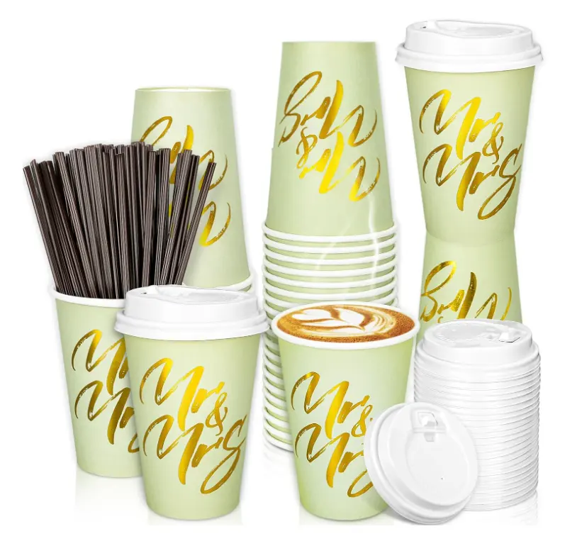 Bio-degradable Coffee Cups with Lids 16 oz Walled Fun Designs Hot Beverage Paper Cups for Cold & Hot Drinks