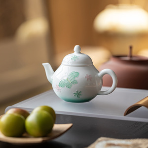 Guanlan Pear-shaped Ceramic Teapot Mint Green Butterfly Flower Design Kung Fu <b>Tea</b> <b>Set</b> Single Teapot - Product Image 4