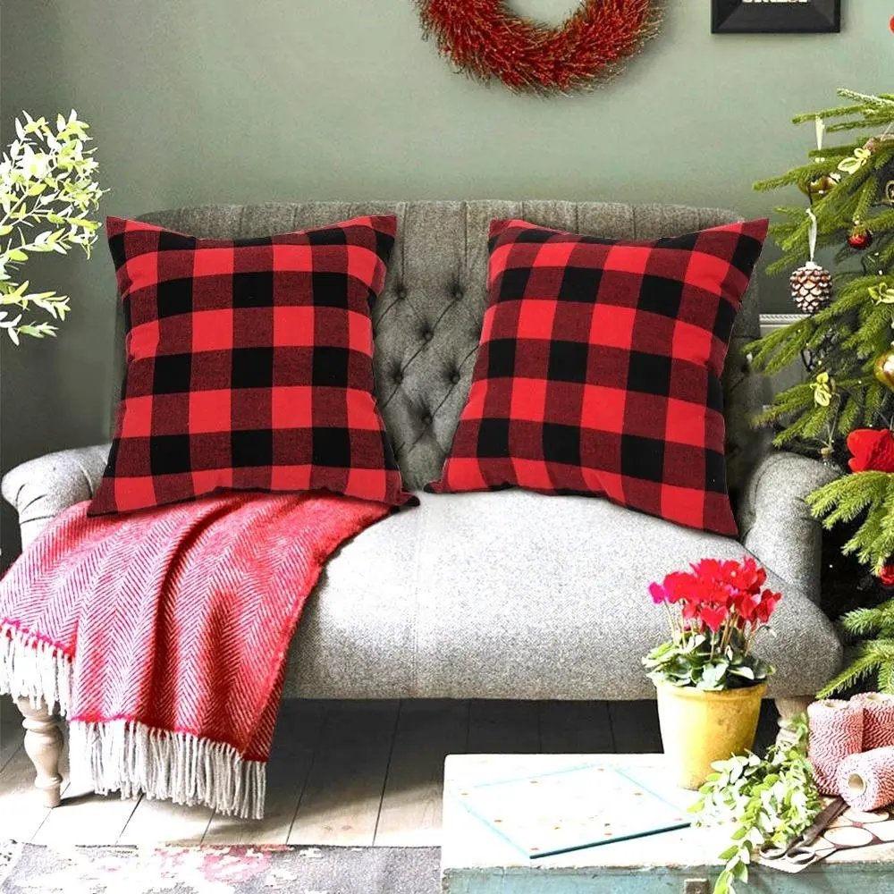 Ourwarm 18x18 en coton rouge noir couverture d'oreiller de noël à carreaux de buffle