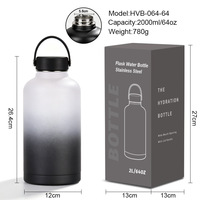 Bouteille d'eau isotherme portable en acier inoxydable 2L (2000ml, 64oz) pour le sport et le fitness