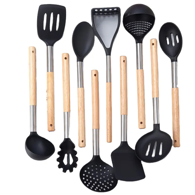 Non stick cookware set 10 pcs kitchen tools set nylon cooking utensils set with wood handle