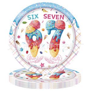 Articles de fête sur le thème de la crème glacée pour enfants de 6 à 7 ans, vaisselle jetable, assiettes, serviettes, couverts, décorations de fête d'anniversaire - Product Image 2