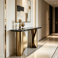 Table console de style moderne italien de luxe avec plateau en marbre, base en métal doré, table de présentation minimaliste pour salon, garantie 2 ans