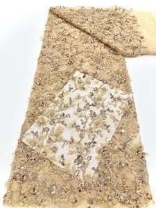 Tela de Encaje con Cuentas de Guipur, Bordado con Lentejuelas, Perlas, Chifón, Flores 3D, Aso Ebi para Bodas Africanas - Product Image 4